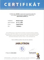 Certifikát - Jablotron elektronické zabezpečení objektů firmy